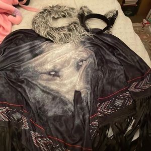Lone wolf Halloween costume with fur collar and wolf ears